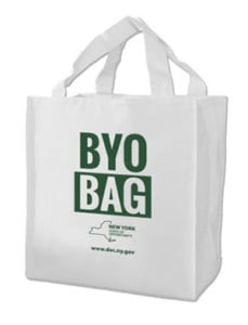 White Shopping Bag with Green Type saying BYO Bag with the DEC logo